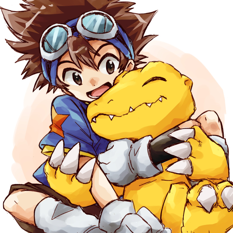 agumon brown_hair brown_shorts child closed_eyes digimon digimon_(creature) digimon_adventure fangs gloves goggles happy hug mysk918 open_mouth shorts white_gloves yagami_taichi