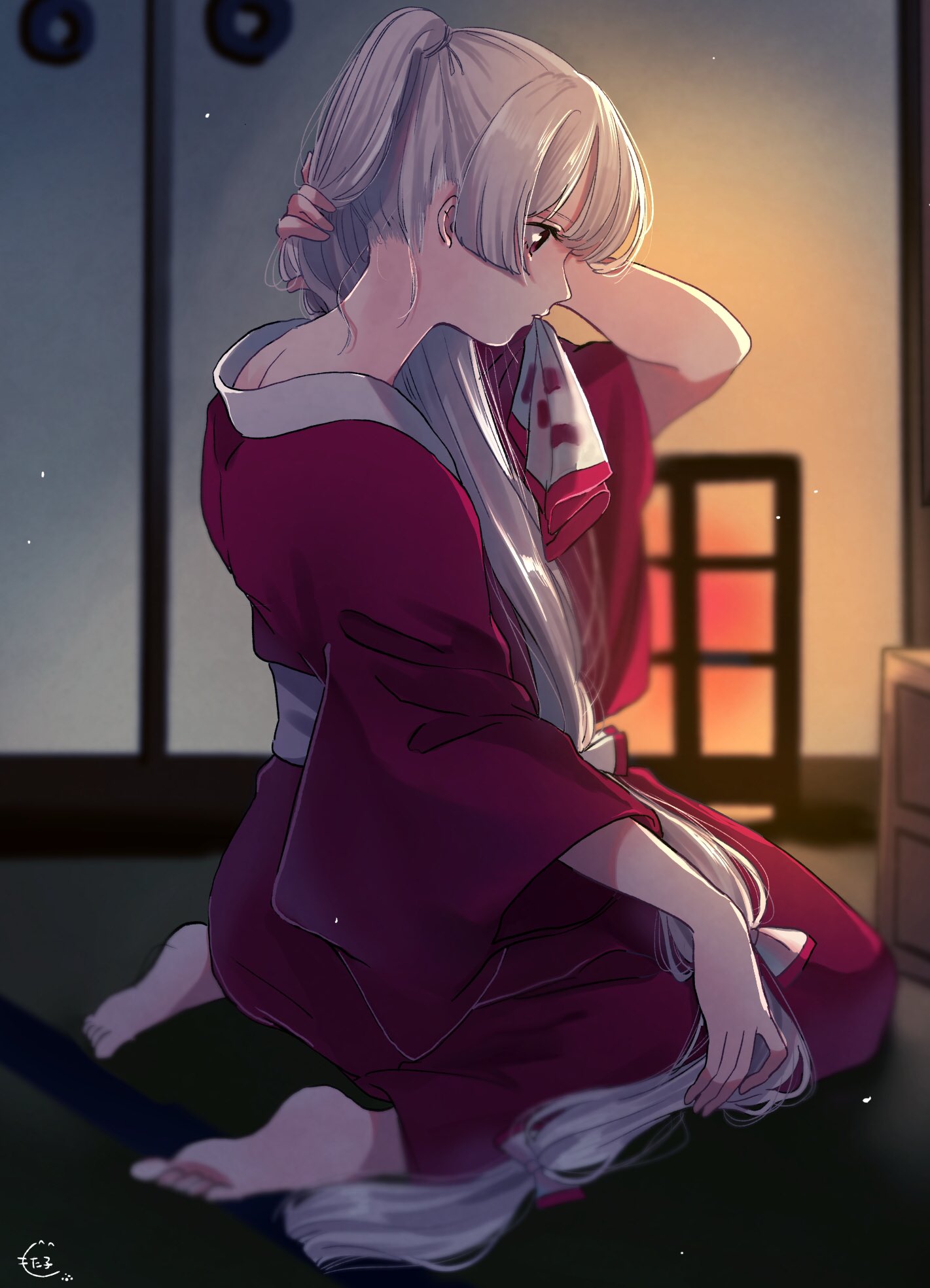 bangs barefoot bow fujiwara_no_mokou grey_hair hair_bow high_ponytail highres hime_cut holding holding_hair japanese_clothes kimono long_hair mokoiscat on_floor ponytail red_eyes red_kimono seiza sitting touhou very_long_hair white_bow white_hair