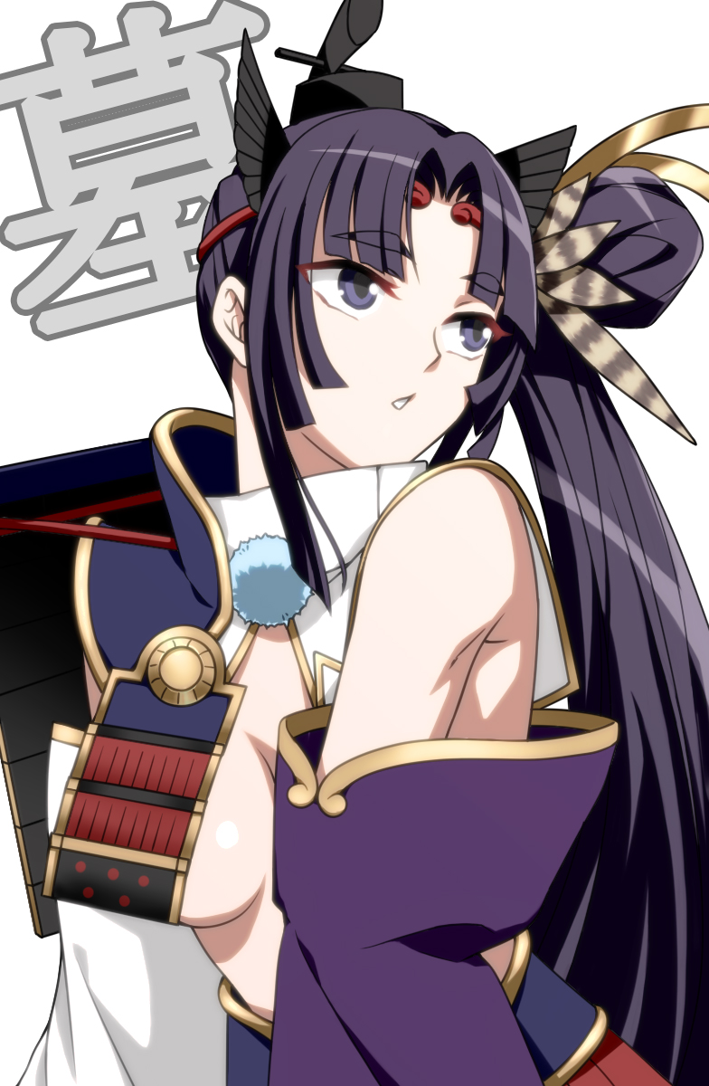1girl :o armor bare_shoulders blue_eyes breasts fate/grand_order fate_(series) feather_hair_ornament feathers hair_ornament highres japanese_armor long_hair looking_to_the_side natumegu open_mouth pauldrons shoulder_armor side_ponytail simple_background single_pauldron sode solo thick_eyebrows under_boob ushiwakamaru_(fate) white_background