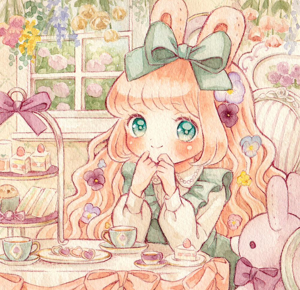 1girl animal_ears apron aqua_eyes bangs blue_flower blunt_bangs blush bow bright_pupils cake cake_slice candy closed_mouth collared_shirt cup day drink flower food frilled_apron frills green_apron green_bow hair_bow hair_flower hair_ornament hands_on_own_chin happy heart indoors long_hair long_sleeves looking_at_viewer on_chair orange_hair original own_hands_together pastel_colors pink_bow pink_flower pink_tulip plant plate puffy_long_sleeves puffy_sleeves purple_bow purple_flower purple_ribbon rabbit_ears ribbon sakano_machi sandwich saucer shirt sitting smile solo stuffed_animal stuffed_bunny stuffed_toy table tablecloth tea tea_party teacup tiered_tray traditional_media tulip wavy_hair white_flower white_shirt window yellow_flower