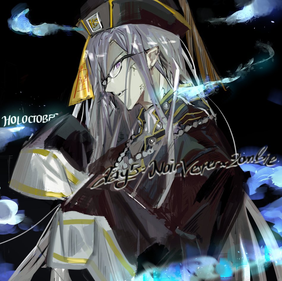 1boy ascot bead_necklace beads black_background black_coat black_hair blue_fire coat commentary cracked_skin earrings english_commentary fangs fire glasses grey_hair hair_between_eyes hampa_sahara_(artist) hat holostars holostars_english jewelry jiangshi long_hair looking_at_viewer male_focus multicolored_hair necklace noir_vesper ofuda parted_lips pointy_ears qing_guanmao sideways_glance sleeves_past_fingers sleeves_past_wrists solo streaked_hair upper_body violet_eyes virtual_youtuber white_ascot