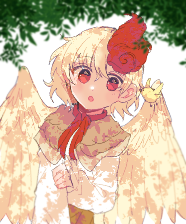 1girl animal bird bird_wings blonde_hair blush chick dress feathered_wings hair_between_eyes itomugi-kun long_sleeves multicolored_hair niwatari_kutaka open_mouth orange_dress red_eyes redhead shirt short_hair solo touhou two-tone_hair upper_body white_shirt wings yellow_wings