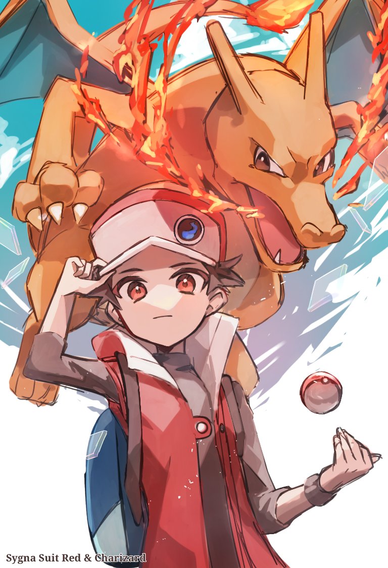 1boy backpack bag baseball_cap blue_bag brown_eyes brown_hair charizard closed_mouth coat commentary_request fire hand_on_headwear hat high_collar looking_at_viewer male_focus open_clothes open_coat poke_ball poke_ball_(basic) pokemon pokemon_(creature) pokemon_(game) pokemon_masters_ex red_(pokemon) red_(sygna_suit)_(pokemon) red_coat shirt short_hair sleeveless_coat sumeragi1101 wristband