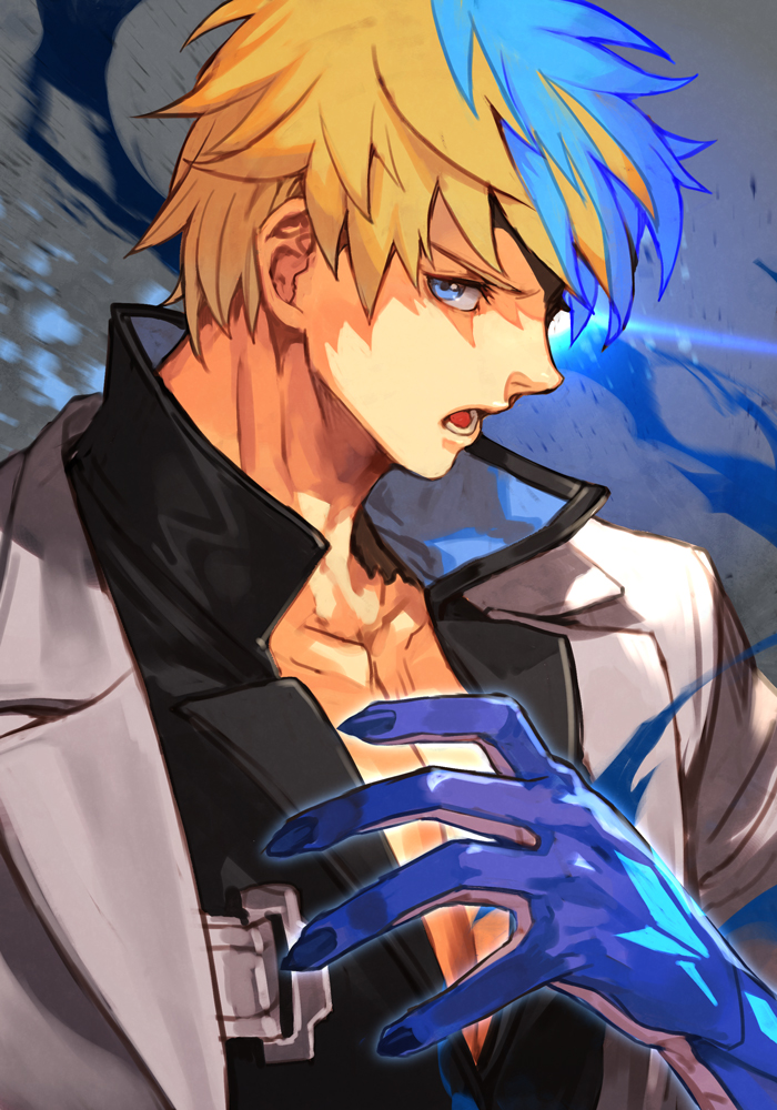 1boy black_shirt blonde_hair blue_eyes blue_hair collarbone dragon_claw dragon_install guilty_gear guilty_gear_strive hankuri jacket ky_kiske looking_at_viewer male_focus multicolored_hair open_mouth pectorals shaded_face shirt solo transformation upper_body white_jacket