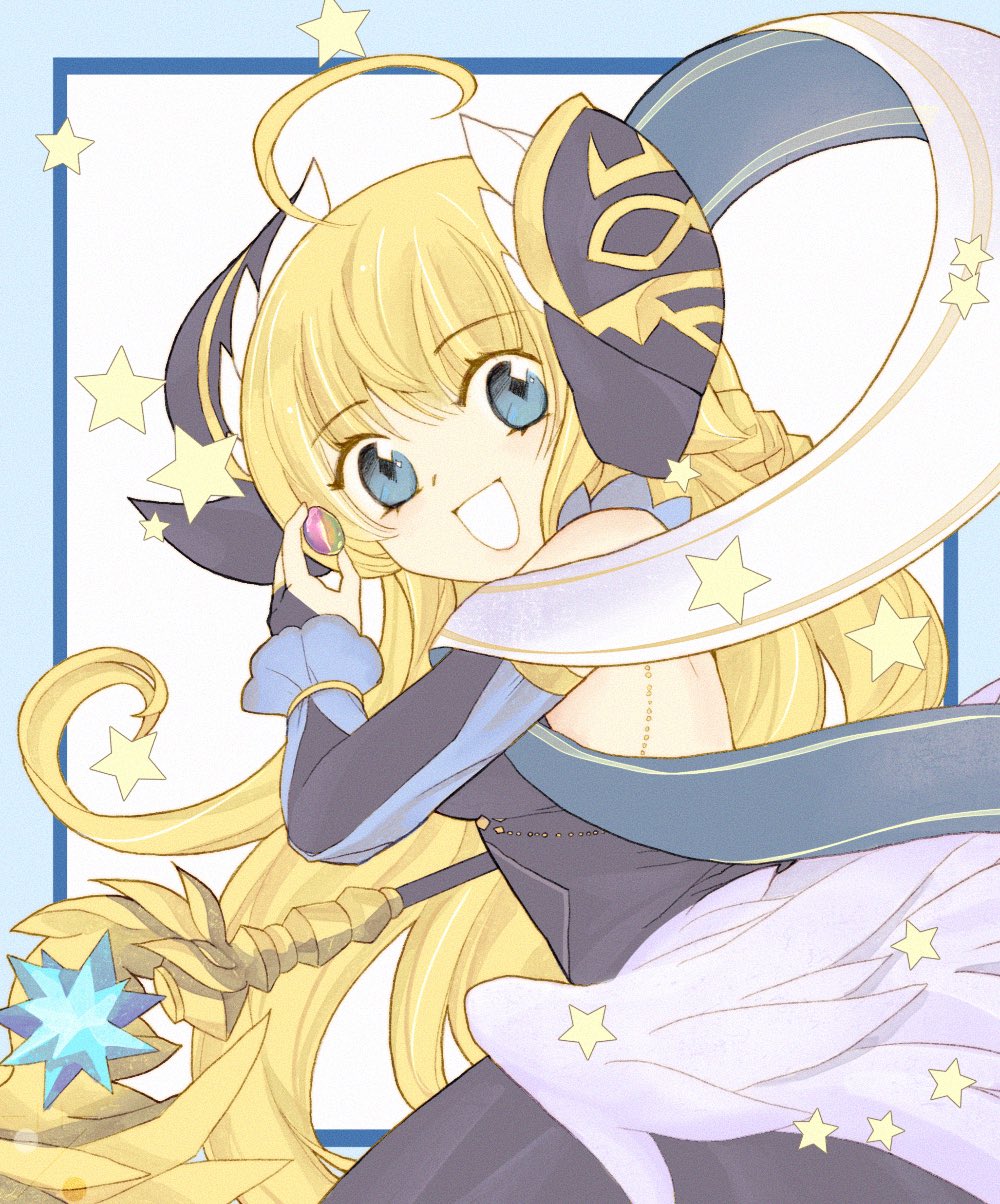 1girl 8bupolbwaxx2mve ahoge bangs blonde_hair blue_eyes cardcaptor_sakura dragalia_lost dress fake_horns highres holding holding_staff horns long_hair looking_at_viewer looking_to_the_side open_mouth parody solo staff star_(symbol) style_parody upper_body very_long_hair zena_(dragalia_lost)