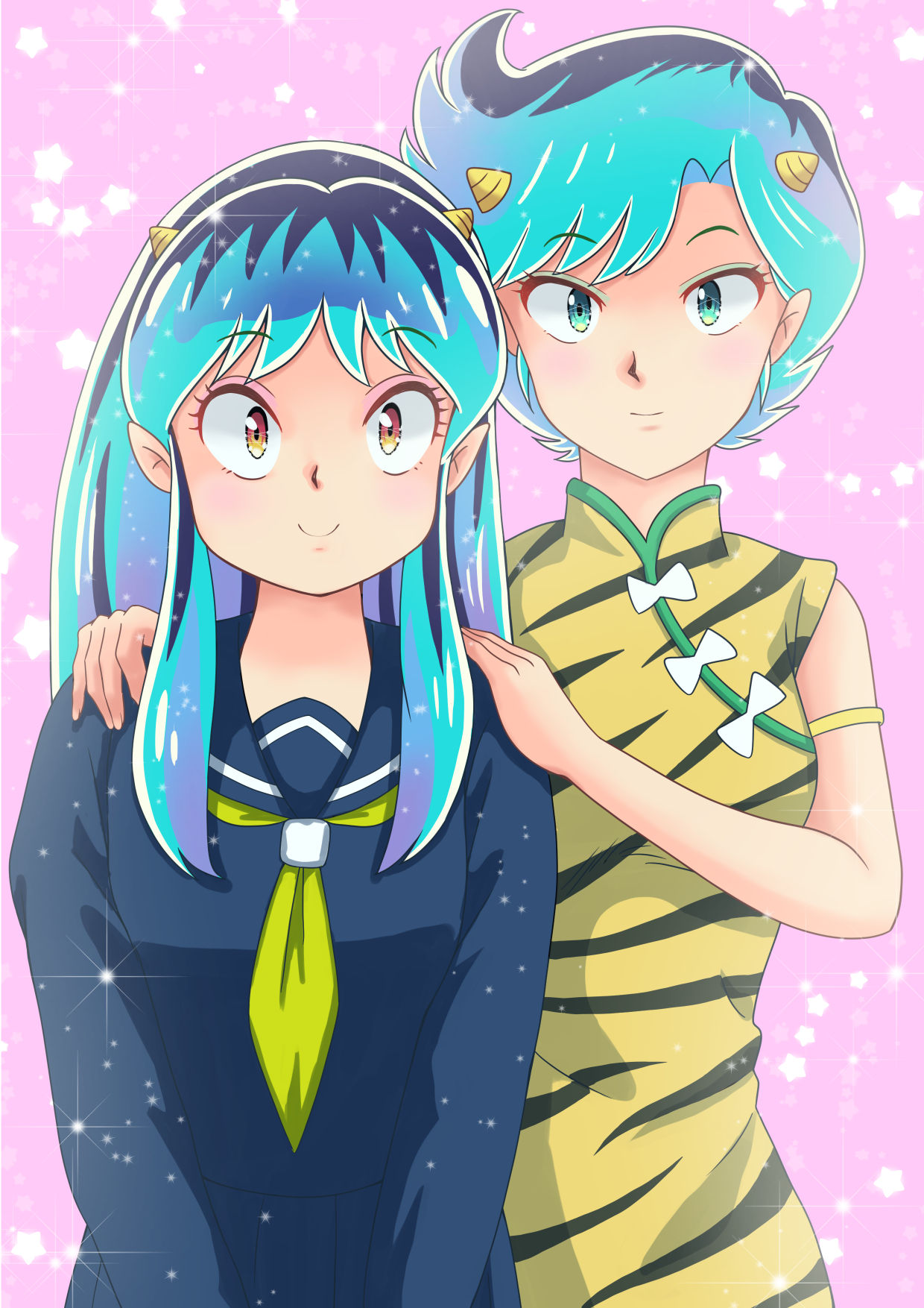 2girls animal_print armlet bangs blue_hair china_dress chinese_clothes dress ederzzorpru5unc green_eyes highres horns long_hair lum multiple_girls oni oni_horns orange_eyes school_uniform serafuku short_hair smile tagme tiger_print urusei_yatsura