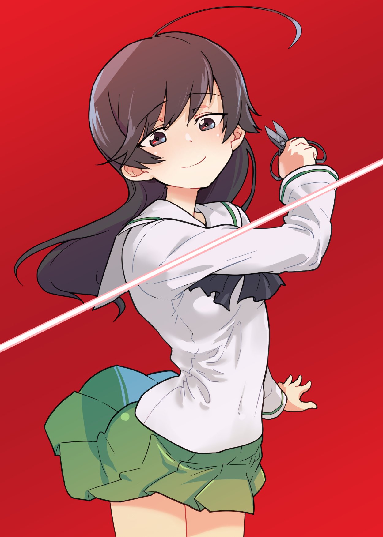 1girl ahoge black_hair brown_eyes cutting girls_und_panzer green_skirt highres holding holding_scissors isuzu_hana long_hair long_sleeves looking_at_viewer monolith_(suibou_souko) ooarai_school_uniform red_background school_uniform scissors shirt skirt smile solo white_shirt