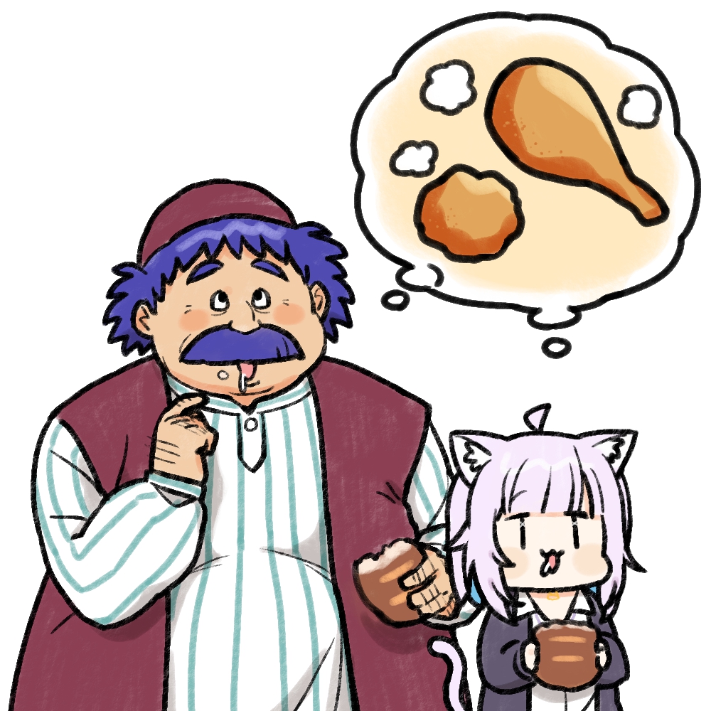 1boy 1girl ahoge animal_ears blue_hair bread cat_ears cat_tail dragon_quest dragon_quest_iv drooling eating facial_hair food hat hololive meat mustache nekomata_okayu okunin purple_hair shirt steam striped striped_shirt tail thought_bubble torneko virtual_youtuber white_background