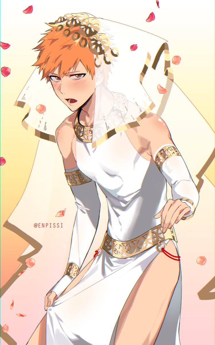 1boy bleach blush brown_eyes cowboy_shot crossdressing detached_sleeves dress enpissi highres kurosaki_ichigo looking_at_viewer male_focus open_mouth short_hair solo spiky_hair veil white_dress