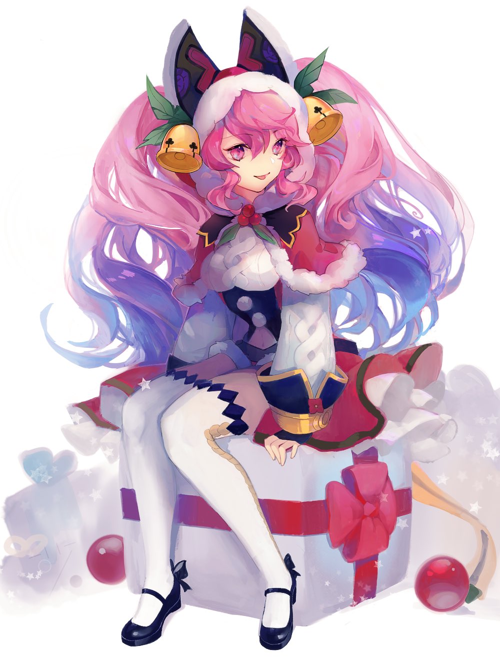 1girl 8bupolbwaxx2mve bangs bell black_footwear blue_hair box capelet christmas cleo_(dragalia_lost) dragalia_lost fingerless_gloves full_body gift gift_box gloves hair_bell hair_between_eyes hair_ornament highres long_hair looking_to_the_side multicolored_hair official_alternate_costume open_mouth pink_eyes pink_hair sitting sitting_on_box solo thigh-highs twintails two-tone_hair very_long_hair white_background