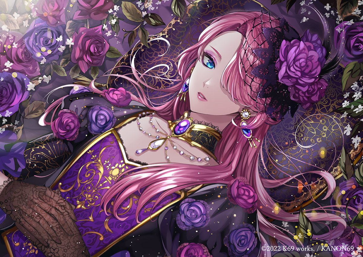 1boy black_dress blue_eyes collar copyright crossdressing dress dress_flower earrings eyeshadow feather_hair_ornament feathers flower gloves hair_flower hair_ornament hair_over_one_eye hanayura_kanon indie_virtual_youtuber interlocked_fingers jewelry juliet_sleeves lace lace_gloves lipstick long_hair long_sleeves looking_at_viewer lying makeup male_focus matsurika_youko official_alternate_costume on_back otoko_no_ko own_hands_together parted_lips pillow pink_flower pink_lips pink_rose puffy_sleeves purple_dress purple_eyeshadow purple_flower purple_rose rose solo upper_body veil virtual_youtuber white_flower