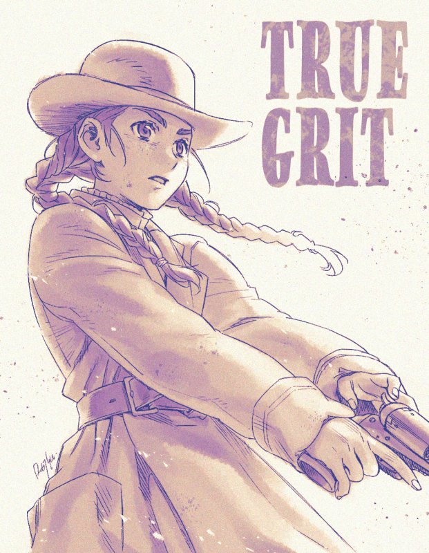 1girl animification belt braid copyright_name cowboy_hat cowboy_western floating_hair gun handgun hat holding holding_gun holding_weapon jacket looking_ahead mattie_ross monochrome parted_lips revolver sepia signature tateo_retsu true_grit twin_braids v-shaped_eyebrows weapon