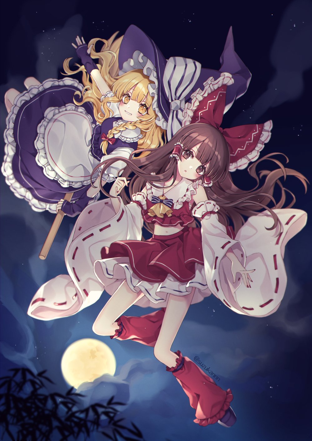 2girls apron arm_up ascot bandages bangs bare_shoulders black_footwear blonde_hair blue_sky blush bow bowtie braid breasts broom broom_riding brown_eyes brown_hair closed_mouth clouds cloudy_sky collared_shirt detached_sleeves dress fingernails flying frills full_moon gloves grey_bow hair_between_eyes hair_bow hakurei_reimu hand_up hat hat_bow highres kirisame_marisa kyouda_suzuka leaf leg_warmers long_hair long_sleeves looking_at_another looking_at_viewer medium_breasts moon multiple_girls nail_polish navel night night_sky open_mouth outdoors puffy_short_sleeves puffy_sleeves purple_bow purple_bowtie purple_dress purple_gloves purple_headwear purple_nails red_bow red_nails red_shirt red_skirt sarashi shirt shoes short_sleeves single_braid sitting skirt skirt_set sky smile star_(sky) starry_sky striped striped_bow striped_bowtie teeth touhou twitter_username watermark white_apron white_shirt wide_sleeves witch_hat yellow_ascot yellow_eyes yellow_moon