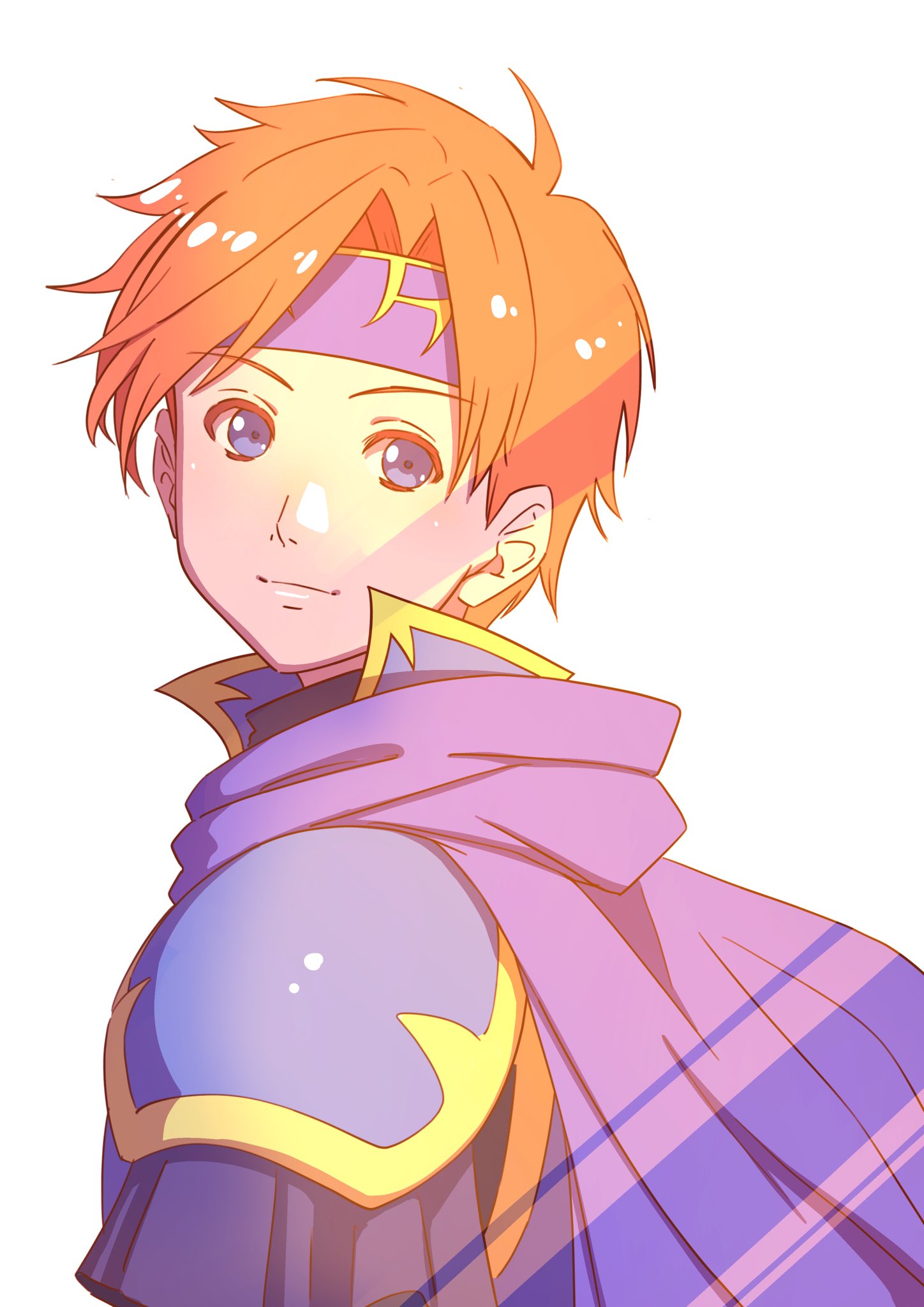 1boy aduti_momoyama armor blue_armor blue_eyes cape closed_mouth fire_emblem fire_emblem:_the_binding_blade hair_intakes headband highres male_focus orange_hair purple_cape purple_headband roy_(fire_emblem) short_hair shoulder_armor simple_background smile solo upper_body white_background