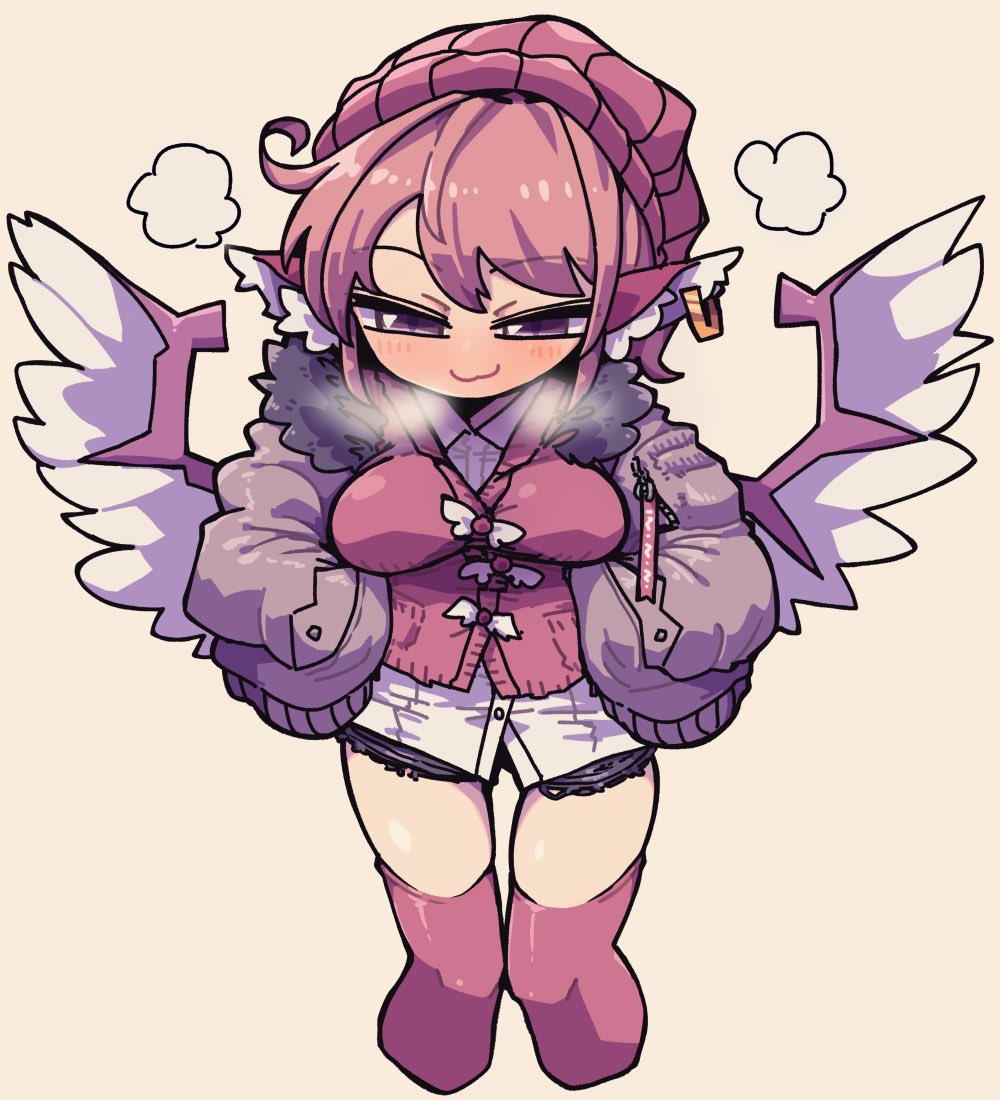 1girl animal_ears awa_(bihidasu) bird_ears bird_wings blush breasts brown_headwear brown_thighhighs closed_mouth cropped_legs earrings feet_out_of_frame grey_jacket hands_in_pockets hat jacket jewelry large_breasts mystia_lorelei open_clothes open_jacket pink_eyes pink_hair shirt short_hair simple_background single_earring smile solo thigh-highs touhou white_shirt white_wings wings yellow_background
