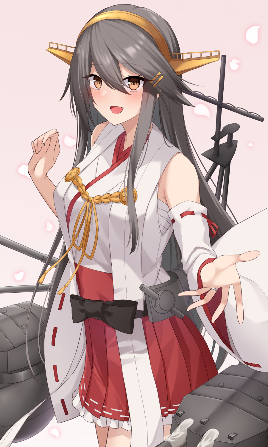 1girl akahi242 bare_shoulders black_hair blush brown_eyes cowboy_shot detached_sleeves hair_between_eyes hair_ornament hairband hairclip haruna_(kancolle) haruna_kai_ni_(kancolle) headgear highres japanese_clothes kantai_collection long_hair machinery nontraditional_miko pleated_skirt red_skirt ribbon-trimmed_sleeves ribbon_trim rigging skirt smile solo turret white_sleeves wide_sleeves