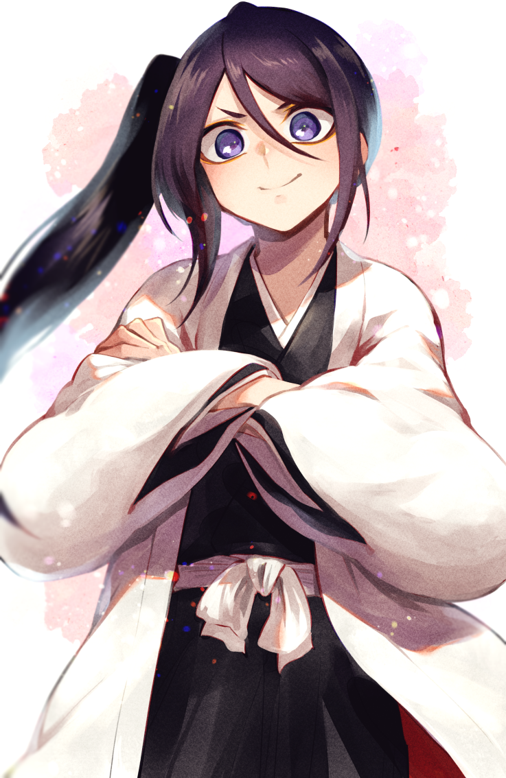 &gt;:) 1girl bangs black_hair black_kimono bleach bleach:_the_thousand-year_blood_war blue_eyes blush cowboy_shot crossed_arms flat_chest from_below haori japanese_clothes kimono kuchiki_rukia long_hair long_sleeves looking_at_viewer obi parted_bangs sash shinigami side_ponytail sidelocks simple_background smile smug soraao0322 standing v-shaped_eyebrows white_background wide-eyed wide_sleeves