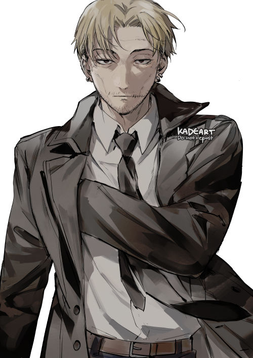 1boy bangs belt black_coat black_necktie chainsaw_man coat collared_shirt ear_piercing facial_hair formal grey_background grey_hair hand_in_jacket kadeart kishibe_(chainsaw_man) looking_at_viewer necktie piercing shirt shirt_tucked_in short_hair simple_background solo stitched_face stitched_mouth stitches stubble suit white_shirt