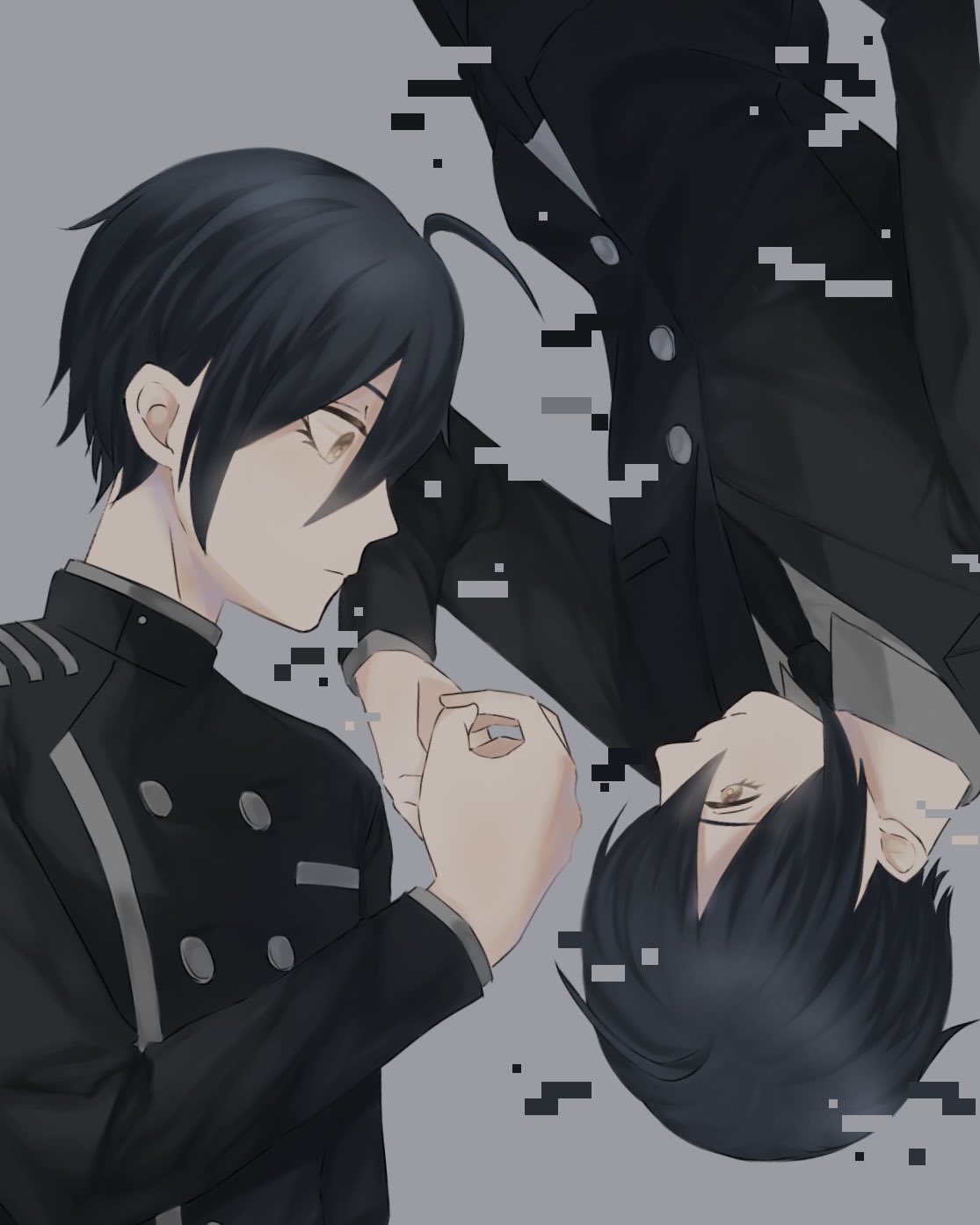 2boys ahoge bangs black_hair black_jacket black_necktie breast_pocket brown_eyes buttons closed_mouth collared_shirt danganronpa_(series) danganronpa_v3:_killing_harmony double-breasted dual_persona eye_contact from_side grey_background grey_shirt hair_between_eyes highres jacket long_sleeves looking_at_another male_focus multiple_boys necktie pocket saihara_shuuichi shiny shiny_hair shirt short_hair yu_sha_rei