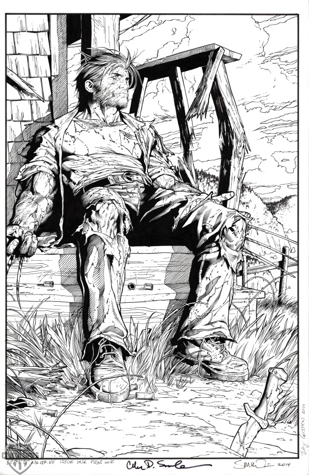 1boy claws clouds commentary english_commentary facial_hair greyscale hill knife male_focus marvel messy_hair monochrome official_art outdoors pants second-party_source sitting steve_mcniven torn_clothes wolverine x-men