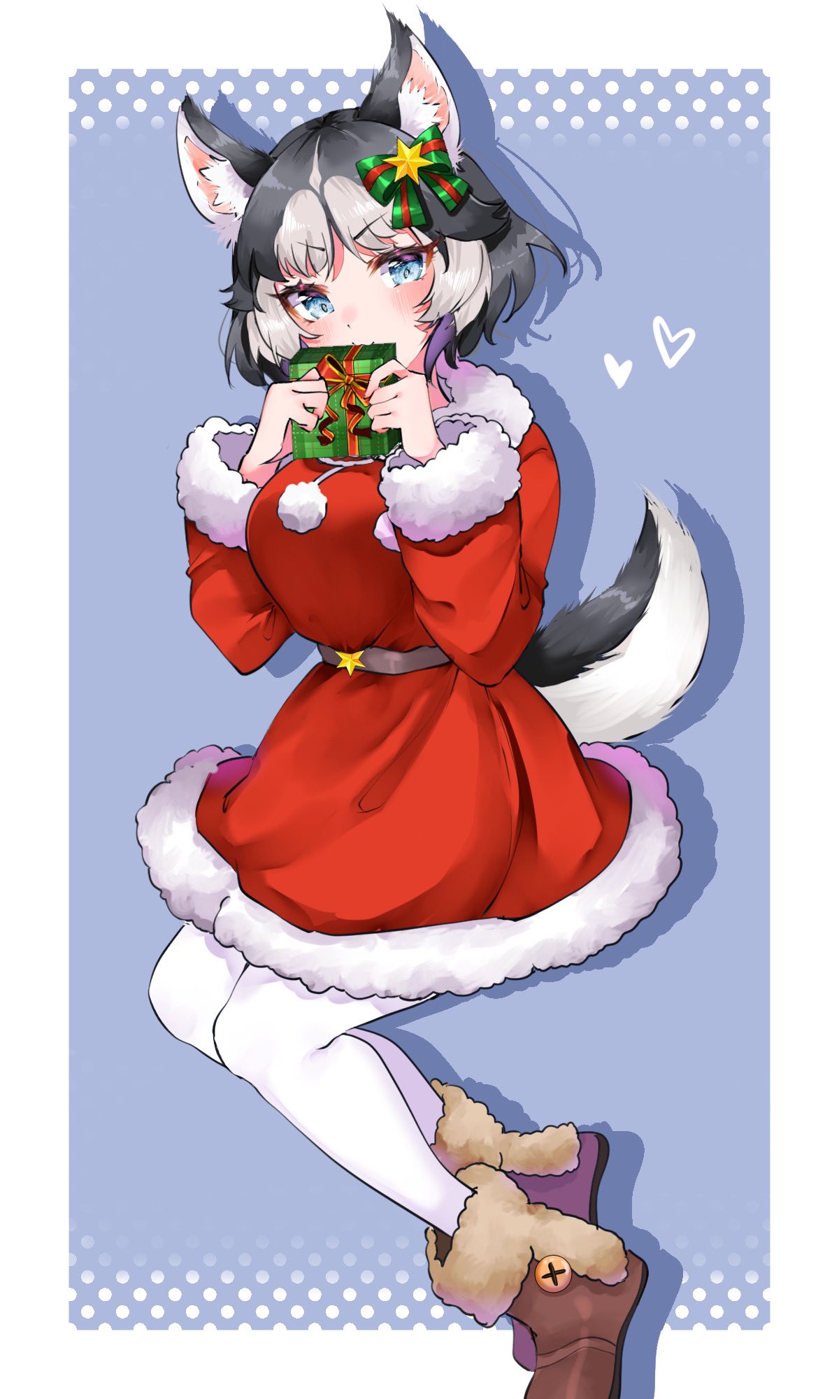 alternate_costume animal_ears black_hair blue_eyes blush boots bow brown_footwear christmas_present commentary_request dog_ears dog_girl dog_tail dress fur_trim gift green_bow hair_bow highres kemono_friends kemono_friends_3 long_sleeves looking_at_viewer multicolored_hair pantyhose red_dress santa_costume short_hair siberian_husky_(kemono_friends) tail two-tone_hair white_fur white_hair white_pantyhose yuanagae