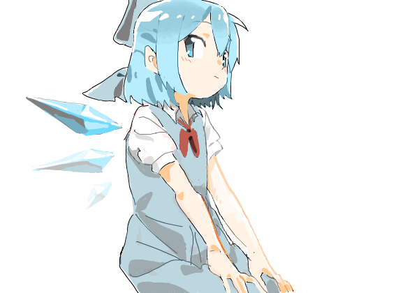 1girl 3: arm_support bad_drawr_id bad_id bangs blue_bow blue_dress blue_eyes blue_hair blue_wings bow bowtie cirno closed_mouth detached_wings dress feet_out_of_frame from_side hair_between_eyes hair_bow half_updo hands_on_own_knees hands_on_own_thighs ice ice_wings invisible_chair jaggy_lines light_blush looking_at_viewer looking_to_the_side negative_space oekaki pinafore_dress puffy_short_sleeves puffy_sleeves red_bow red_bowtie senzaki short_hair short_sleeves simple_background sitting solo touhou white_background wing_collar wings