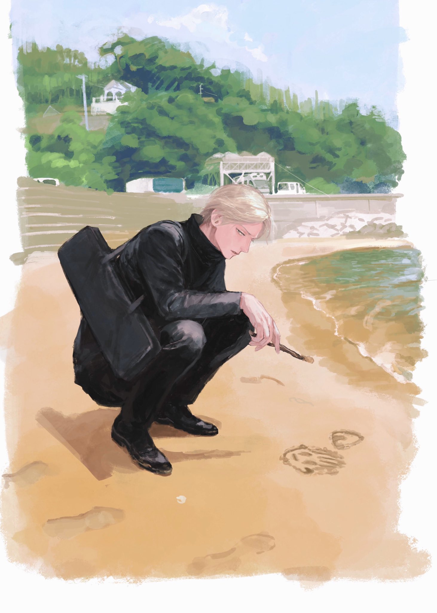 1boy beach black_footwear black_pants black_shirt blonde_hair brown_eyes commentary drawing full_body highres holding holding_stick jujutsu_kaisen jujutsu_tech_uniform male_focus nana_suko nanami_kento outdoors pants parted_lips sand school_uniform shirt shore short_hair solo squatting stick symbol-only_commentary tree water