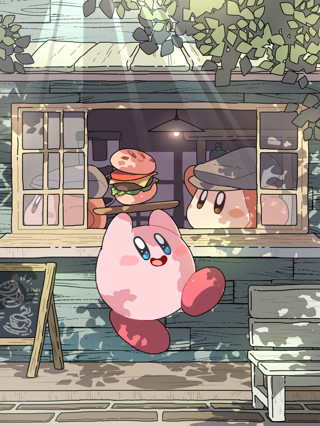 arms_up bench blue_eyes blush blush_stickers brown_eyes burger day flat_cap food full_body grey_headwear hanging_light hat holding holding_plate kirby kirby_(series) light_rays looking_up mutekyan no_humans open_mouth outdoors plate shadow sign smile waddle_dee window