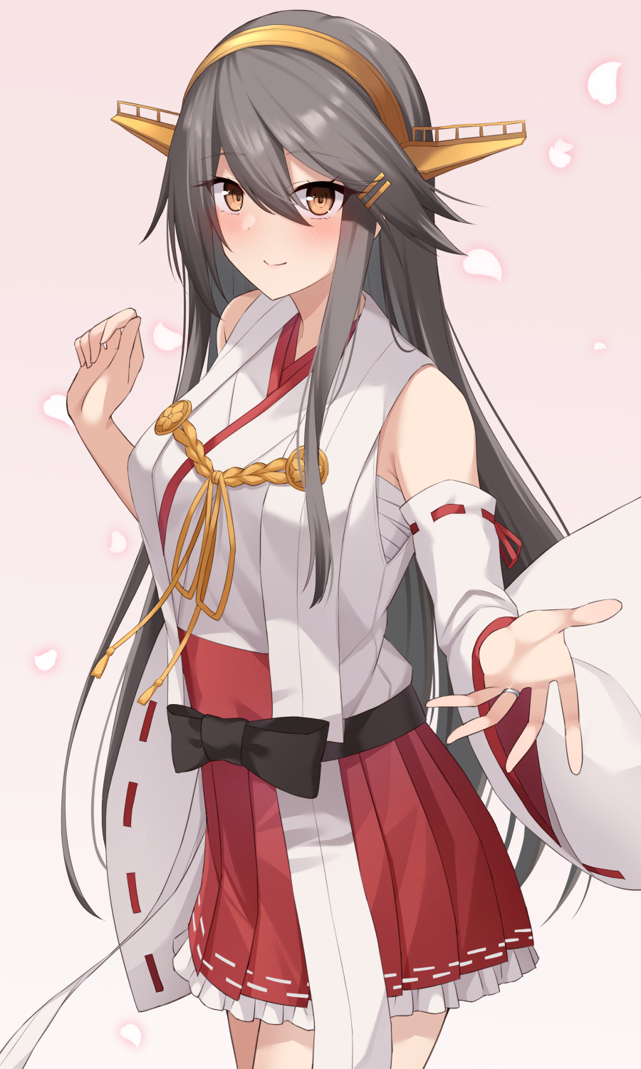 1girl akahi242 bare_shoulders black_hair blush brown_eyes closed_mouth cowboy_shot detached_sleeves hair_between_eyes hair_ornament hairband hairclip haruna_(kancolle) haruna_kai_ni_(kancolle) headgear highres japanese_clothes kantai_collection long_hair nontraditional_miko pleated_skirt red_skirt ribbon-trimmed_sleeves ribbon_trim skirt smile solo white_sleeves wide_sleeves