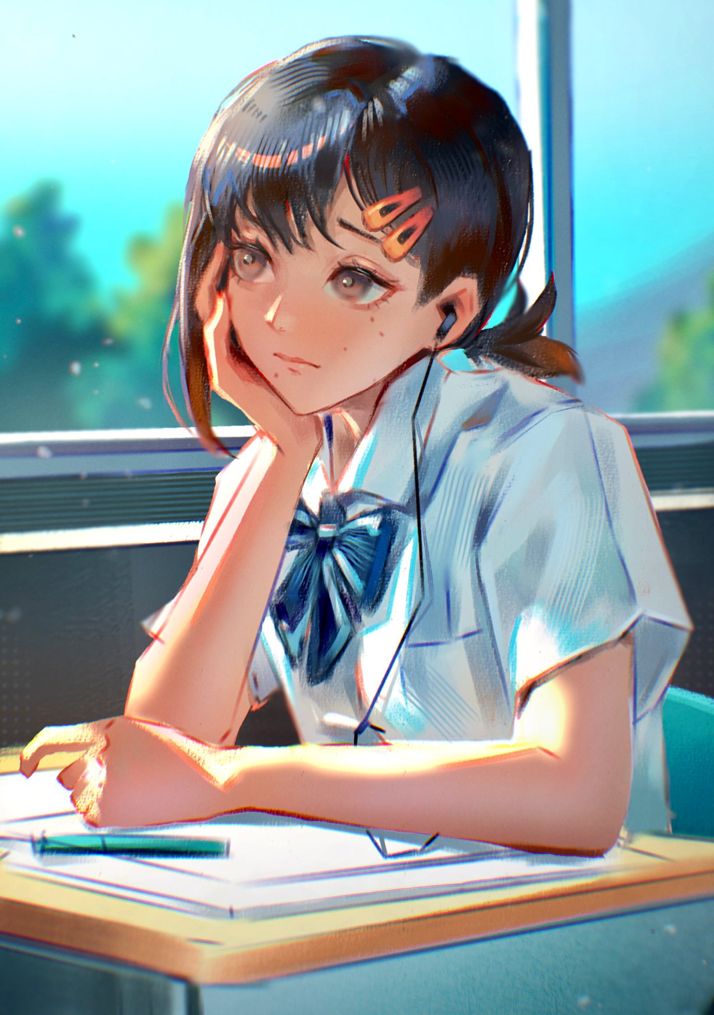 1girl black_hair chainsaw_man classroom collared_shirt day earphones elbow_rest hair_ornament hairclip hand_on_own_face hand_rest higashiyama_kobeni highres kozzz_y looking_to_the_side mole mole_under_eye mole_under_mouth ribbon school_uniform shirt short_hair short_ponytail single_sidelock solo sunlight white_shirt window