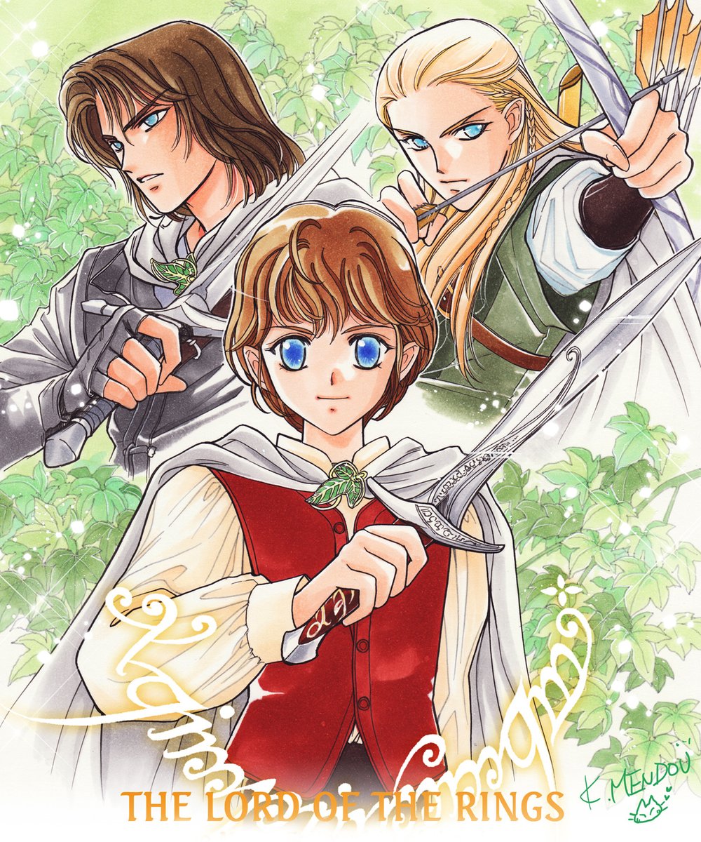 3boys aiming animification aragorn arrow_(projectile) blonde_hair blouse blue_eyes bow_(weapon) brown_hair cape closed_mouth frodo_baggins highres holding holding_arrow holding_bow_(weapon) holding_sword holding_weapon kazuki-mendou legolas long_hair looking_at_viewer medium_hair multiple_boys parted_lips quiver red_vest shirt short_hair signature smile sword the_lord_of_the_rings tolkien's_legendarium vest weapon white_cape yellow_shirt