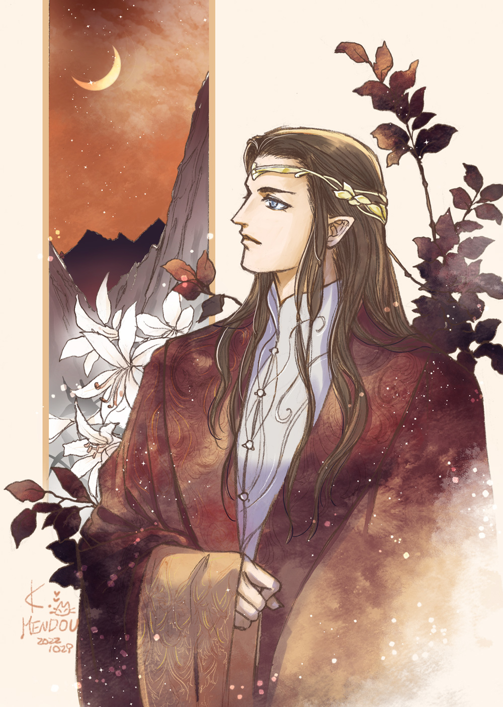 1boy brown_hair brown_sky circlet closed_mouth crescent_moon dated elrond grey_eyes highres kazuki-mendou long_hair long_sleeves male_focus moon pointy_ears robe signature solo starry_moon the_lord_of_the_rings tolkien's_legendarium wide_sleeves