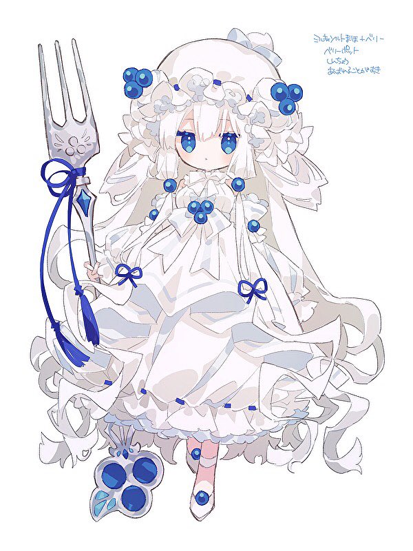 1girl alcremie alcremie_(berry_sweet) alcremie_(salted_cream) beads blue_eyes blueberry_hair_ornament bow commentary detached_sleeves dress food-themed_hair_ornament fork frilled_dress frills full_body hair_beads hair_ornament hair_rings hat hibi89 holding holding_fork long_hair long_sleeves mob_cap personification pokemon simple_background solo symbol-only_commentary very_long_hair white_background white_bow white_dress white_hair white_headwear