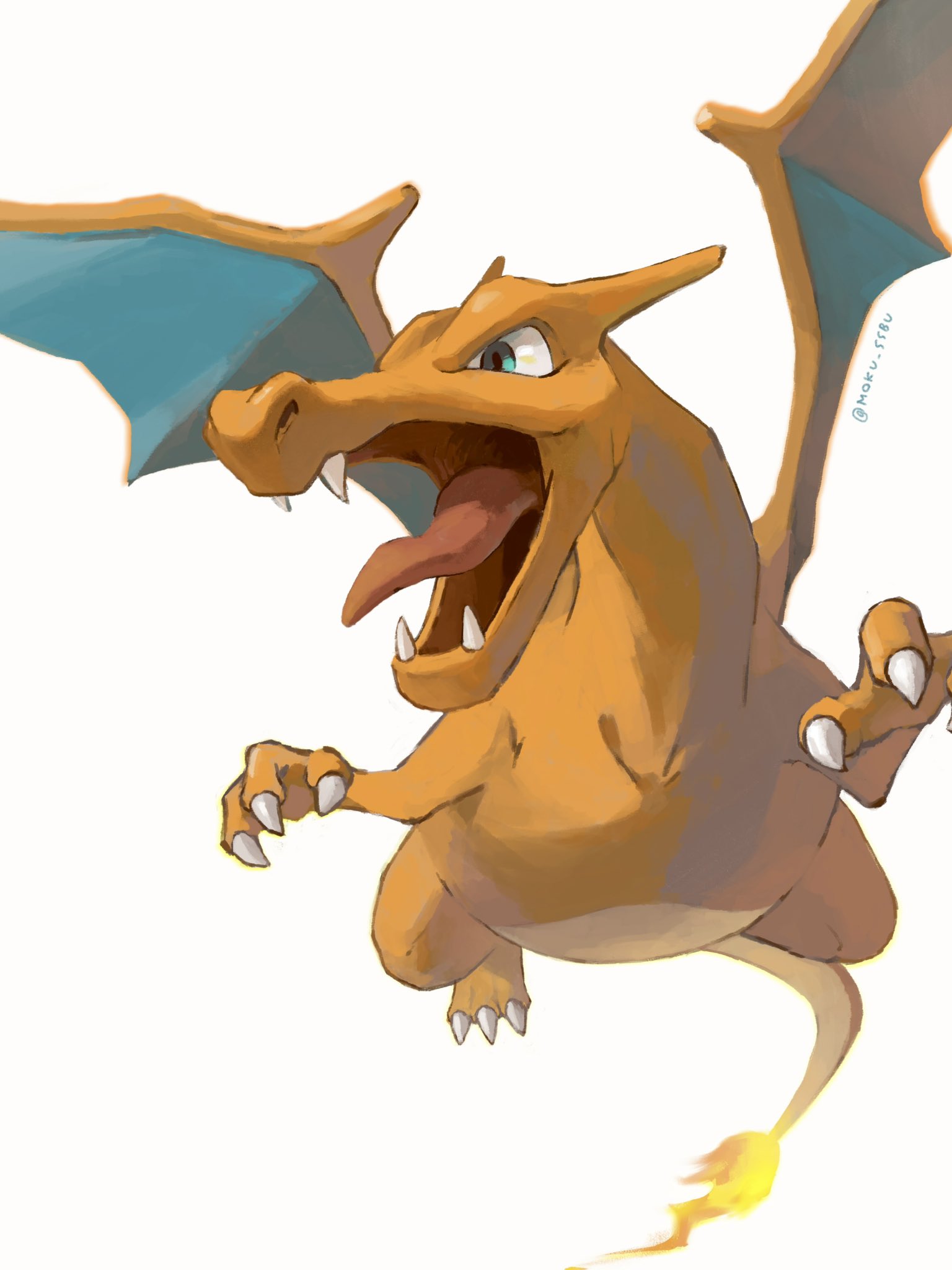 charizard claws commentary fangs fire flame flame-tipped_tail green_eyes highres mokuzou_(moku_ssbu) no_humans open_mouth pokemon pokemon_(creature) simple_background solo symbol-only_commentary tongue twitter_username white_background