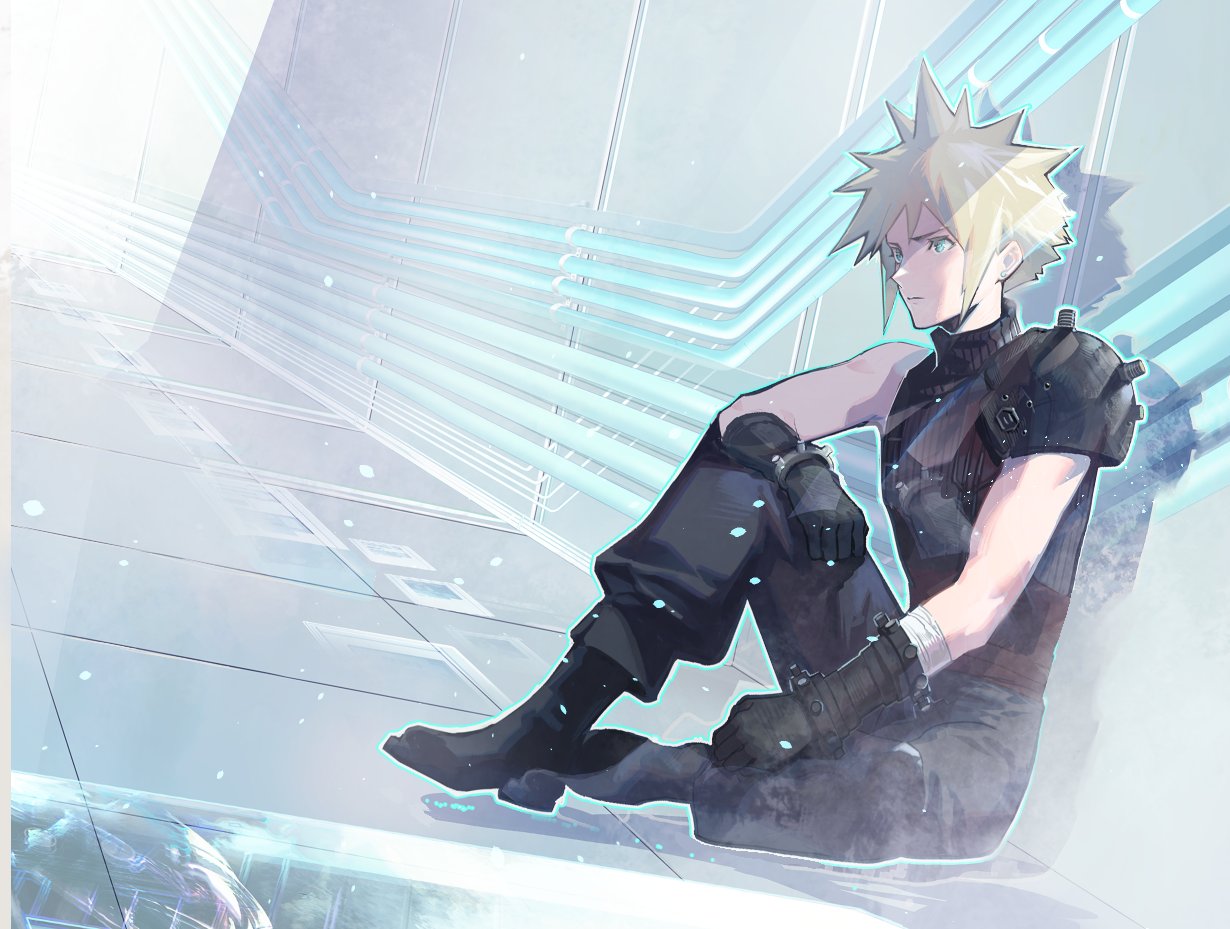 1boy armor black_footwear black_gloves blonde_hair blue_eyes boots closed_mouth cloud_strife cofffee earrings final_fantasy final_fantasy_vii final_fantasy_vii_remake full_body gloves jewelry male_focus pants shoulder_armor single_bare_shoulder single_earring sitting sleeveless sleeveless_turtleneck solo spiky_hair sweater turtleneck turtleneck_sweater