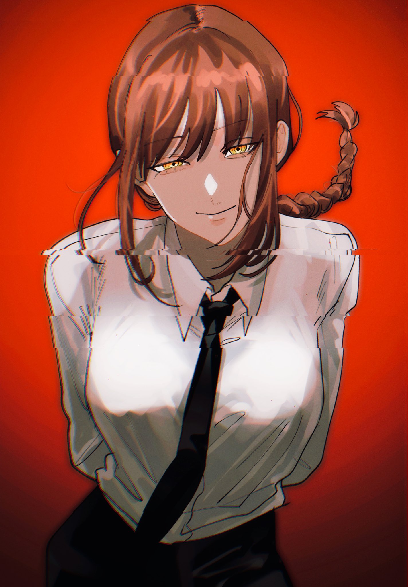1girl arms_behind_back bangs black_necktie black_pants braid chainsaw_man collared_shirt glitch half-closed_eyes highres leaning_forward looking_at_viewer makima_(chainsaw_man) momiage_40 necktie office_lady pants red_background redhead ringed_eyes shirt shirt_tucked_in simple_background single_braid smile solo upper_body white_shirt yellow_eyes