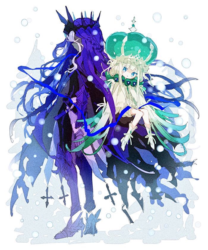 2girls boots braid calyrex calyrex_(shadow_rider) closed_eyes colored_eyelashes crown dark_skin dress full_body gauntlets green_headwear hibi89 large_hat long_hair multicolored_hair multiple_girls personification pokemon purple_hair sitting snow streaked_hair very_long_hair white_dress white_footwear white_hair