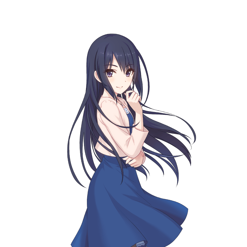 1girl black_eyes black_hair blue_dress cardigan dress hand_on_own_chin looking_at_viewer official_art princess_connect! rei_(princess_connect!) tachi-e transparent_background white_cardigan