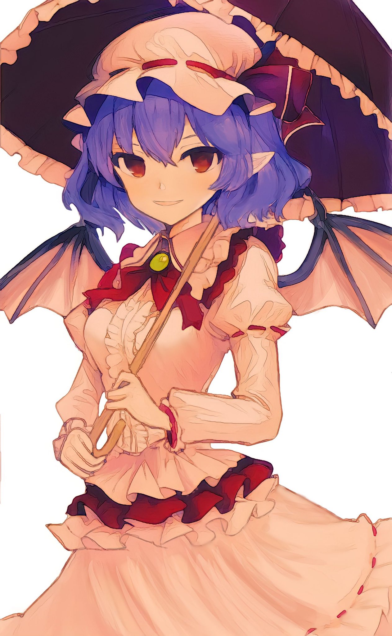 1girl bat_wings black_umbrella center_frills frilled_umbrella frills hat hat_ribbon highres holding holding_umbrella irumina777 juliet_sleeves long_sleeves looking_at_viewer mob_cap parted_lips pink_headwear pink_shirt pink_skirt pointy_ears puffy_sleeves purple_hair red_eyes red_ribbon remilia_scarlet ribbon shirt short_hair simple_background skirt smile solo touhou umbrella white_background wings