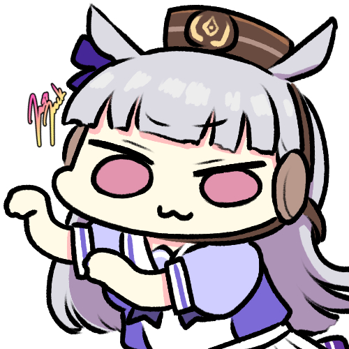 1girl :3 animal_ears bangs blunt_bangs bow bowtie from_side gold_ship_(umamusume) grey_hair horse_ears horse_girl horseshoe_ornament jazz_jack long_hair looking_at_viewer lowres photo-referenced pillbox_hat puffy_short_sleeves puffy_sleeves purple_bow purple_bowtie purple_serafuku purple_shirt sailor_collar sailor_shirt school_uniform serafuku shirt short_sleeves signature simple_background skirt solo standing tracen_school_uniform umamusume upper_body violet_eyes white_background white_skirt