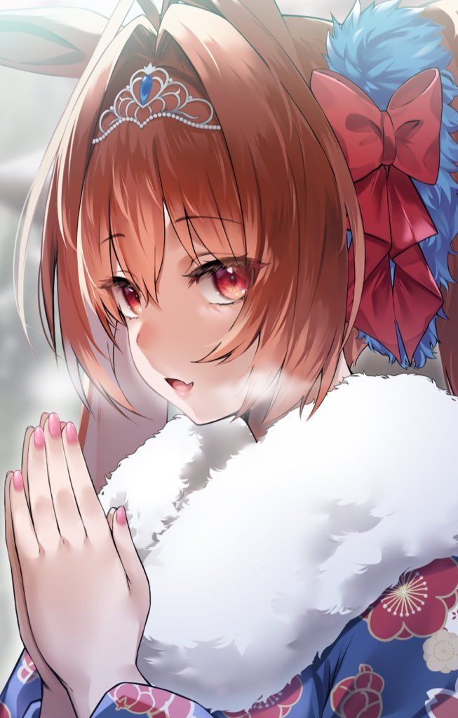 1girl animal_ears bangs blue_kimono blurry blurry_background bow breath brown_hair daiwa_scarlet_(umamusume) fang floral_print fur-trimmed_kimono fur_trim hair_bow hands_up horse_ears japanese_clothes kimono long_hair looking_at_viewer open_mouth own_hands_together palms_together red_eyes skin_fang solo tiara twintails umamusume upper_body usa_b