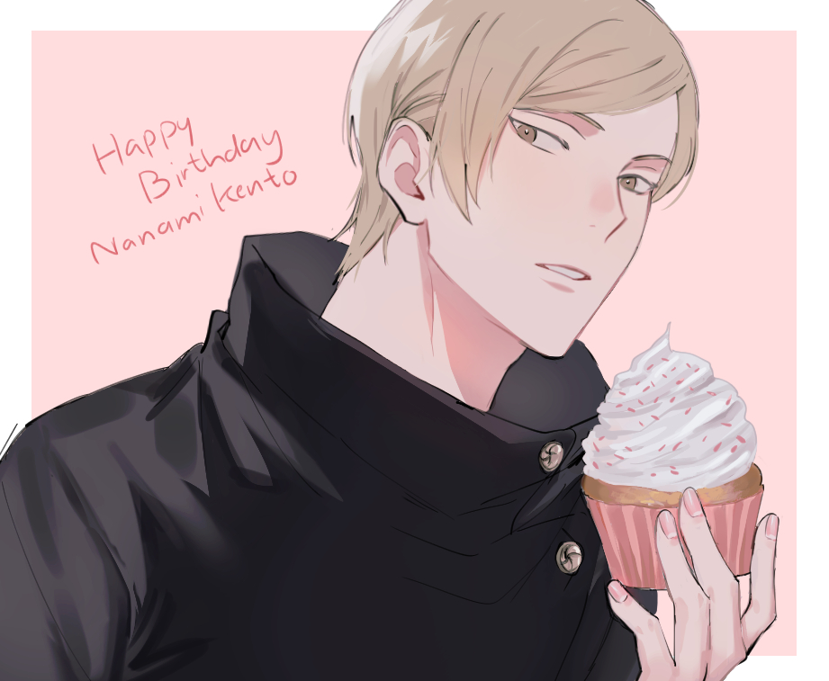 1boy black_shirt blonde_hair brown_eyes character_name collared_shirt cupcake english_text food happy_birthday holding holding_food icing jujutsu_kaisen jujutsu_tech_uniform long_sleeves looking_at_viewer lovemycat18 male_focus nanami_kento parted_lips shirt short_hair solo upper_body