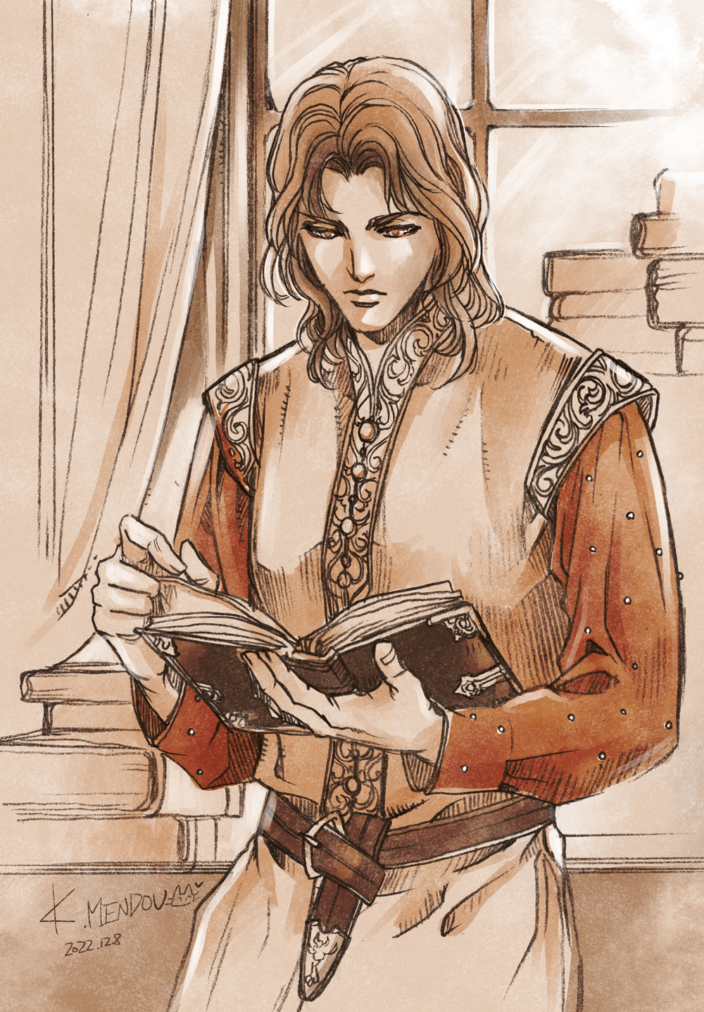 1boy book brown_theme closed_mouth curtains dated faramir highres holding holding_book kazuki-mendou long_sleeves looking_down male_focus medium_hair monochrome open_book reading scabbard sheath signature solo standing the_lord_of_the_rings tolkien's_legendarium window