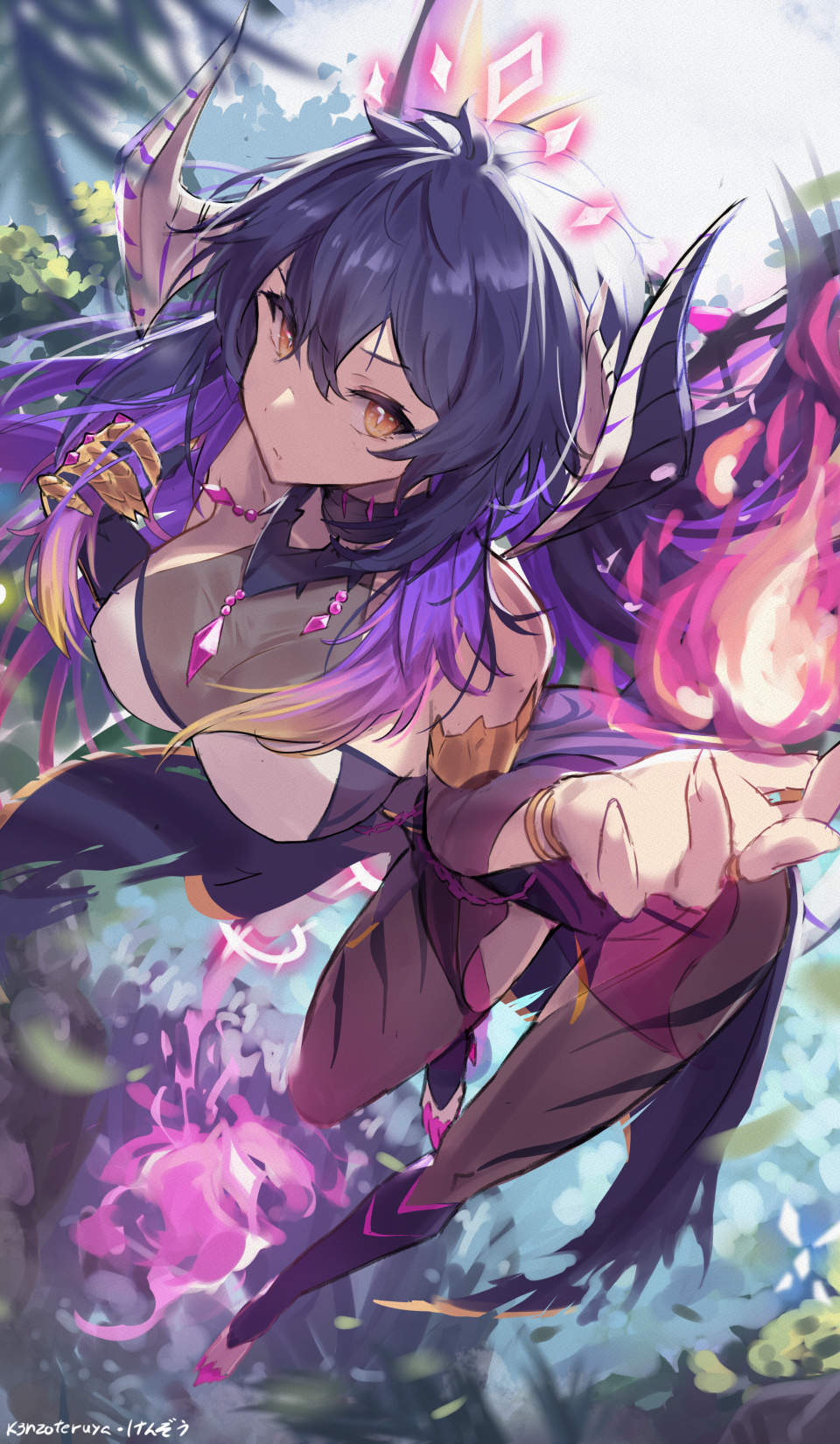 1girl bracelet dragon dragon_girl dragon_tail flying highres horns indie_virtual_youtuber jewelry k3nzoteruta kimochi_(vtuber) long_hair looking_at_viewer magic monster_girl multicolored_hair necklace outdoors purple_hair purple_nails tail toes virtual_youtuber western_dragon yellow_eyes