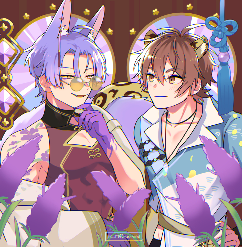 2boys animal_ears brown_eyes brown_hair eiden_(nu_carnival) fingernails flower flower_tattoo fox_boy gem heterochromia jewelry kuya_(nu_carnival) lavender_(flower) leopard_ears leopard_tail looking_at_another male_focus multiple_boys necklace nu_carnival purple_hair round_eyewear ryouma_(888) sharp_fingernails smile tail tattoo violet_eyes yellow_eyes