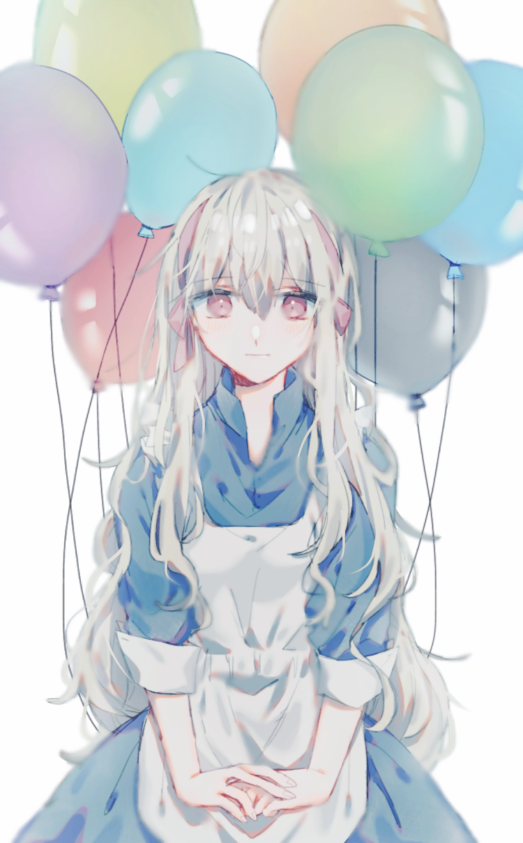 1girl :| apron balloon bangs blue_dress closed_mouth collared_dress dress expressionless hair_between_eyes hair_over_shoulder hair_ribbon hairband highres kagerou_project kozakura_marry long_hair looking_at_viewer mekakucity_actors muuta04 open_collar own_hands_together pink_eyes pink_hairband pink_ribbon ribbon simple_background sleeves_past_wrists solo straight-on upper_body wavy_hair white_apron white_background white_hair