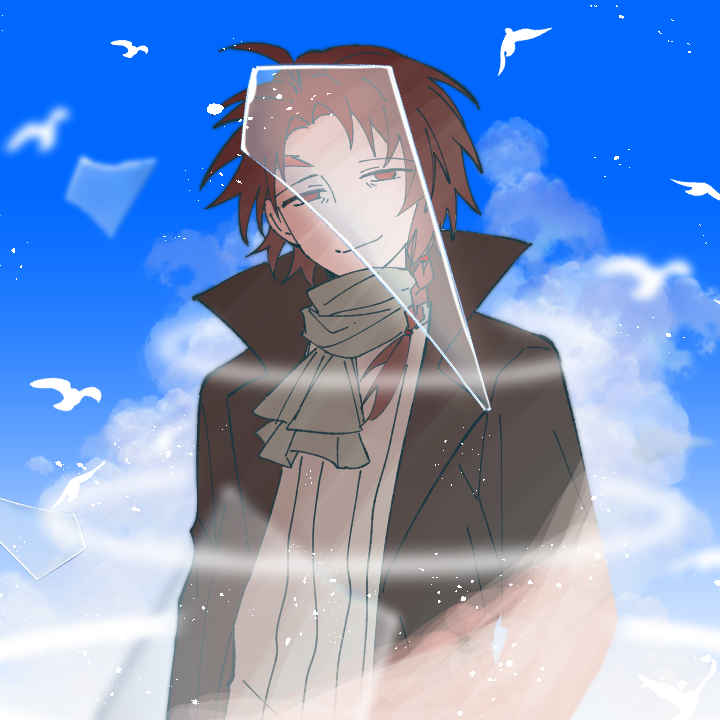 1boy black_jacket blue_sky braid brown_hair closed_mouth green_scarf grey_sweater harada_minoru jacket light_particles long_sleeves male_focus meilesi22099 open_clothes open_jacket red_eyes ribbed_sweater saibou_shinkyoku scar scar_on_face scar_on_forehead scarf shards side_braid sky smile solo sweater upper_body
