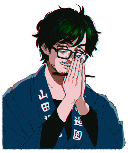 1boy bangs chopsticks facial_hair glasses green_eyes green_hair half-closed_eyes hands_up holding holding_chopsticks japanese_clothes kaneoya_sachiko looking_over_eyewear male_focus mustache original own_hands_together palms_together short_hair smile solo stubble swept_bangs undershirt upper_body
