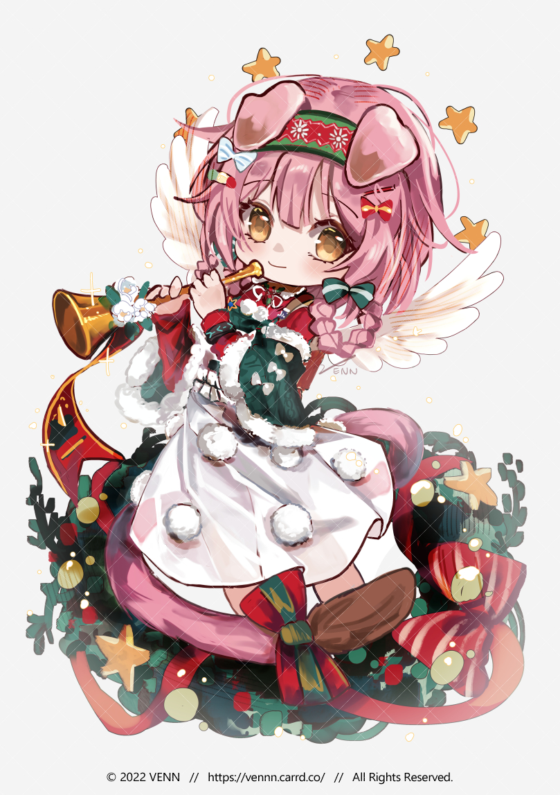 1girl animal_ears apron arknights artist_name bow braid cat_ears cat_girl cat_tail chibi christmas copyright floppy_ears floral_print flower fur-trimmed_sleeves fur_trim goldenglow_(arknights) goldenglow_(night_loving_servant)_(arknights) green_sweater hair_bow hair_ornament hairband hairclip holding holding_instrument horn_(instrument) instrument long_hair looking_at_viewer official_alternate_costume pink_hair poinsettia print_hairband red_bow red_hairband smile solo sweater tail tail_bow tail_ornament venn_(vebonbon) web_address white_apron white_bow yellow_eyes