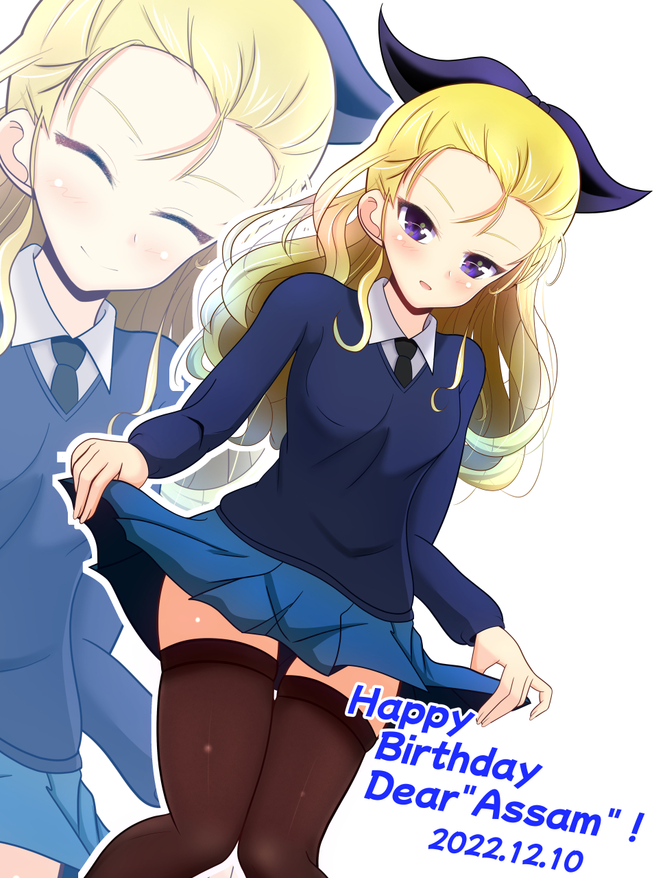 1girl assam_(girls_und_panzer) black_thighhighs blonde_hair blue_eyes blue_skirt blush breasts closed_eyes closed_mouth dated girls_und_panzer hair_ribbon happy_birthday highres kumaisao long_hair looking_at_viewer miniskirt multiple_views open_mouth pleated_skirt ribbon school_uniform shiny shiny_hair skirt small_breasts smile st._gloriana's_school_uniform thigh-highs